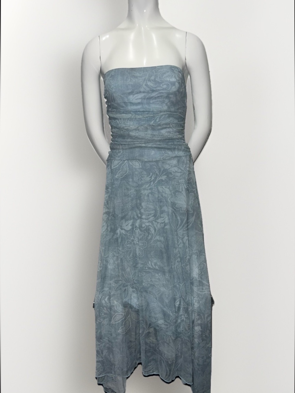 NWT Dusty Blue Strapless Floral High Low Rushed Stretchy Mesh Midi Dress Y2K